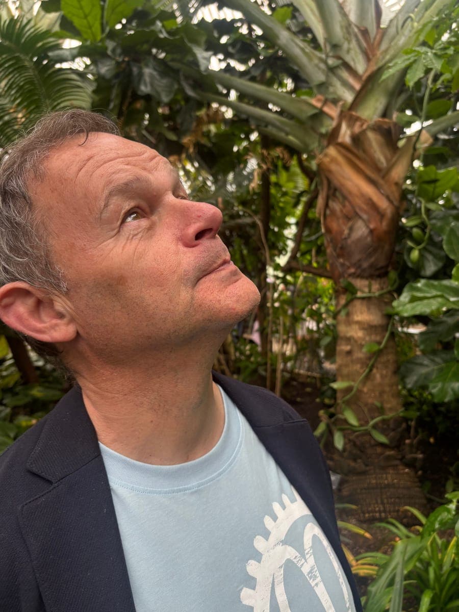 Andrew looking up among the palms in a glasshouse